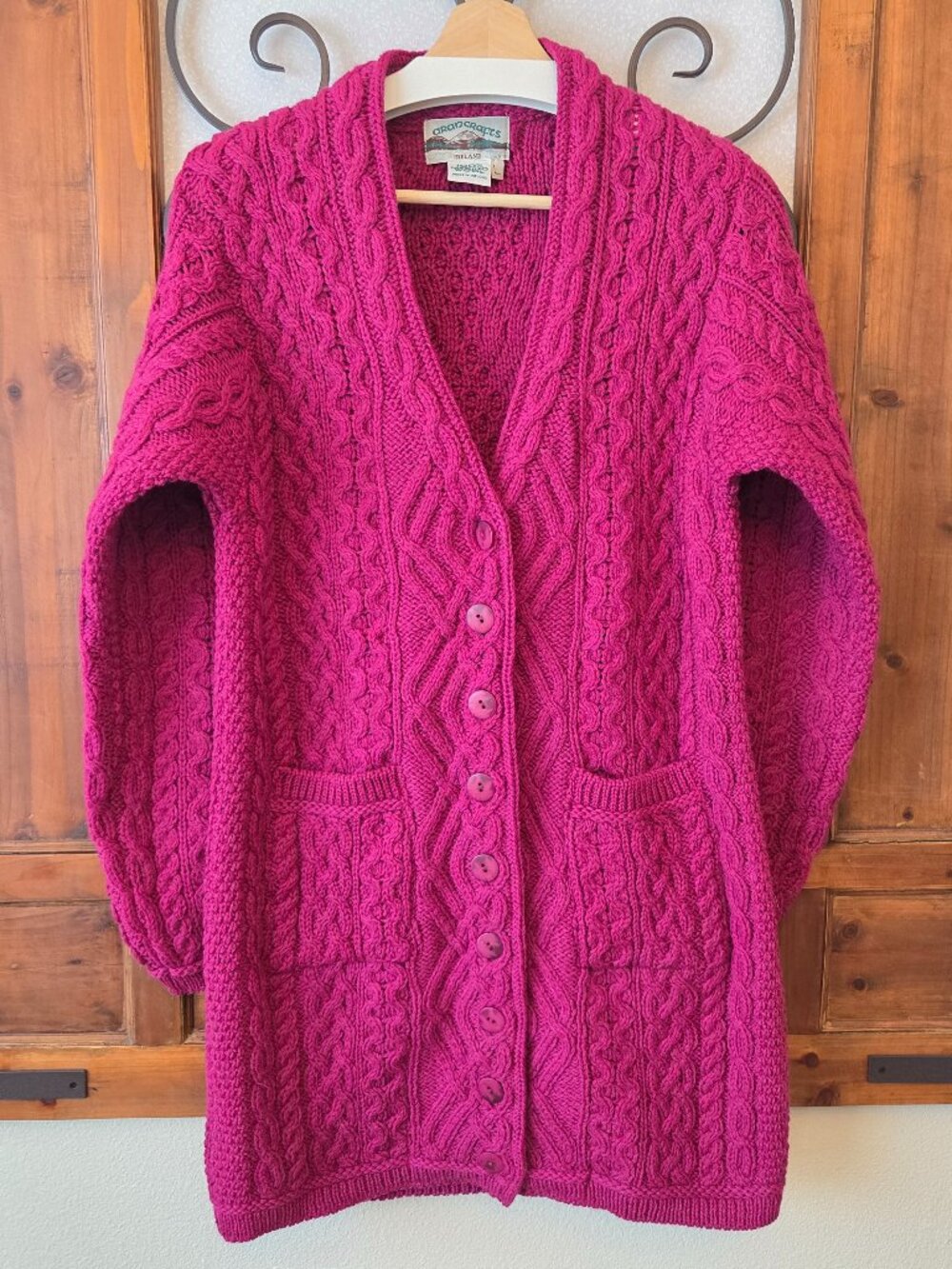 Aran Crafts Ireland 100% Merino Wool Cardigan Size L Cable Chunky Long Fuchsia